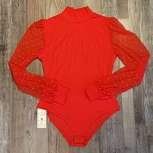 Red Bodysuit with Polka Dot Sheer Long Sleeves Women's Size Large